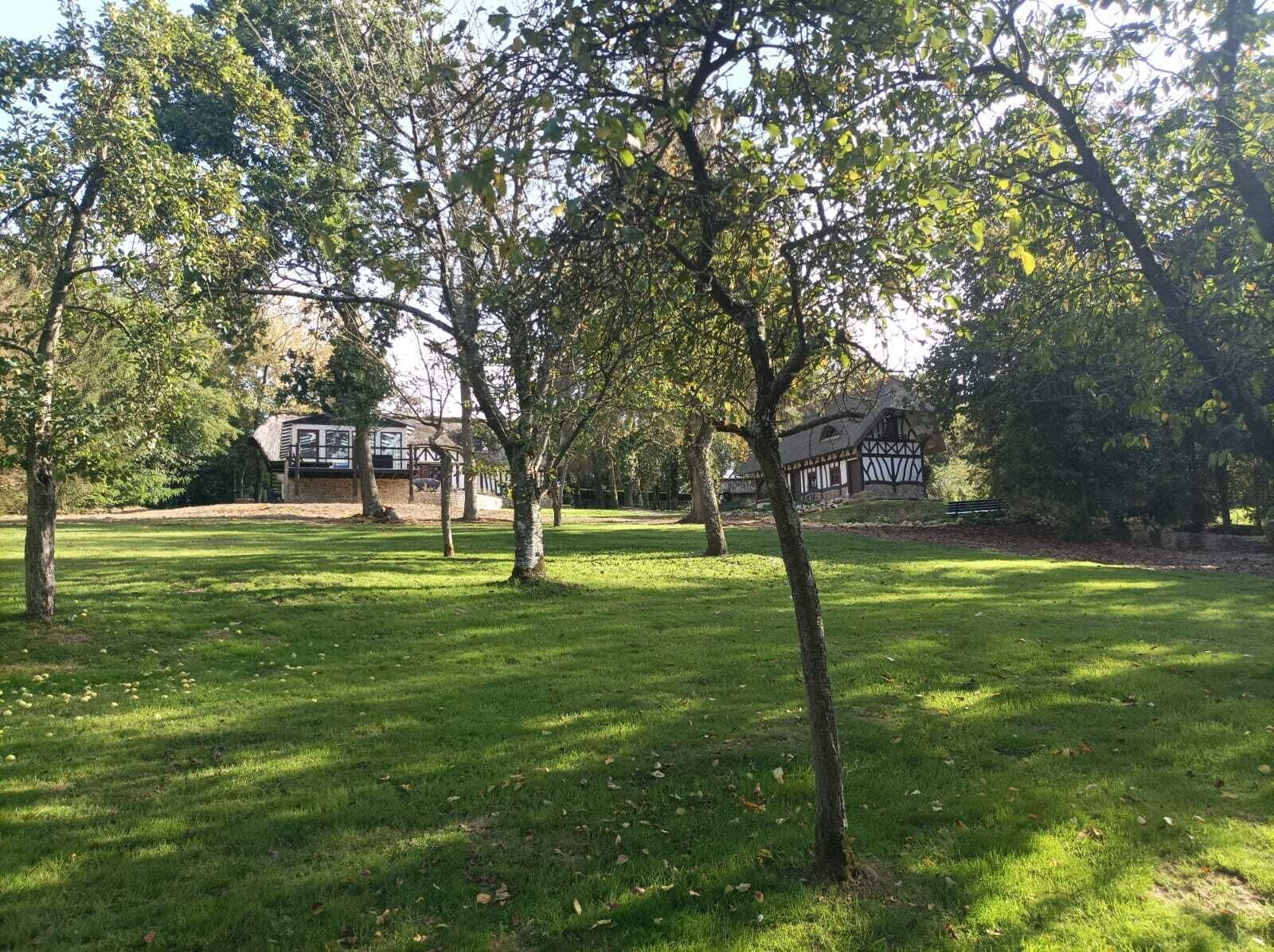 Un espace vert arboré avec des arbres et un bâtiment traditionnel doté d’un toit de chaume.