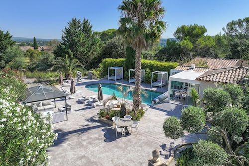 Seasonal outdoor pool, pool umbrellas, pool loungers
