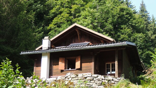 A wooden cabin with a stone foundation, surrounded by dense forest. - Lovingly furnished Alphüttli (Wilderswil)