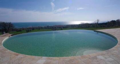 Resort surrounded by greenery arranged for families or groups with an infinity pool.