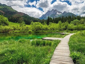 Une promenade en bois mène à un lac aux eaux cristallines, avec des montagnes en toile de fond.