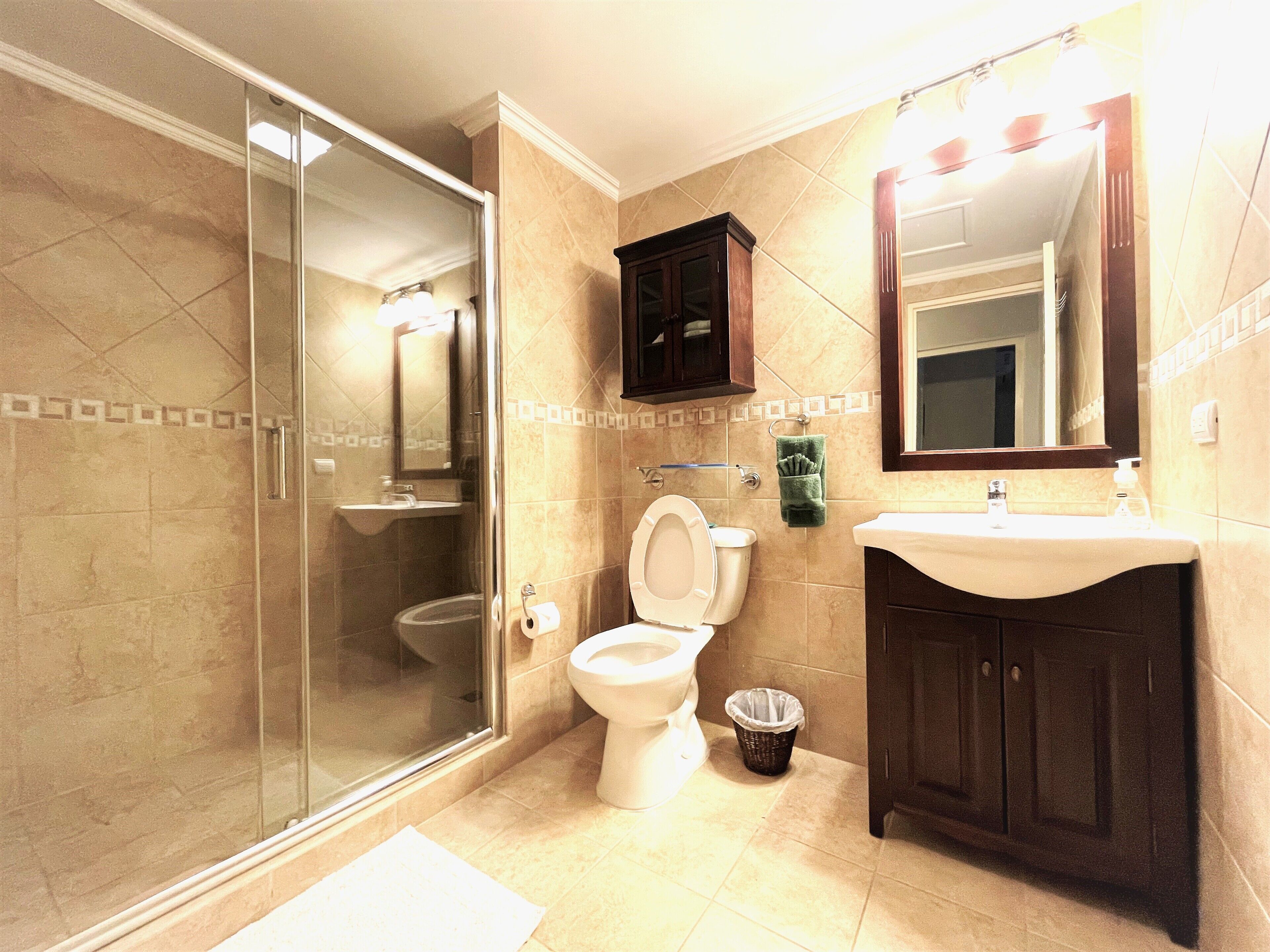 Une salle de bain avec une douche à parois de verre, des toilettes, un lavabo et un meuble de rangement.