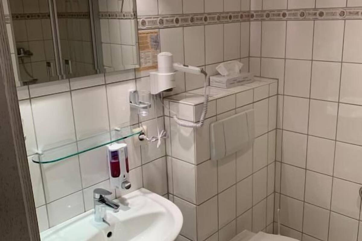 hair dryer, towels, soap, shampoo