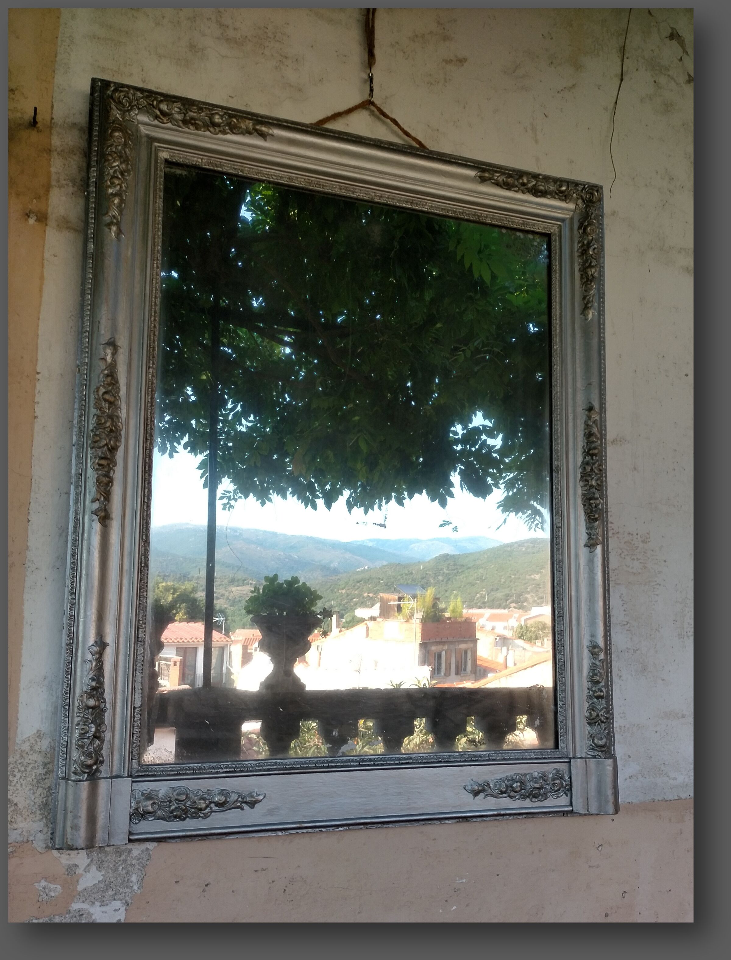 Un grand miroir décoratif qui reflète un arbre et des bâtiments situés au loin.