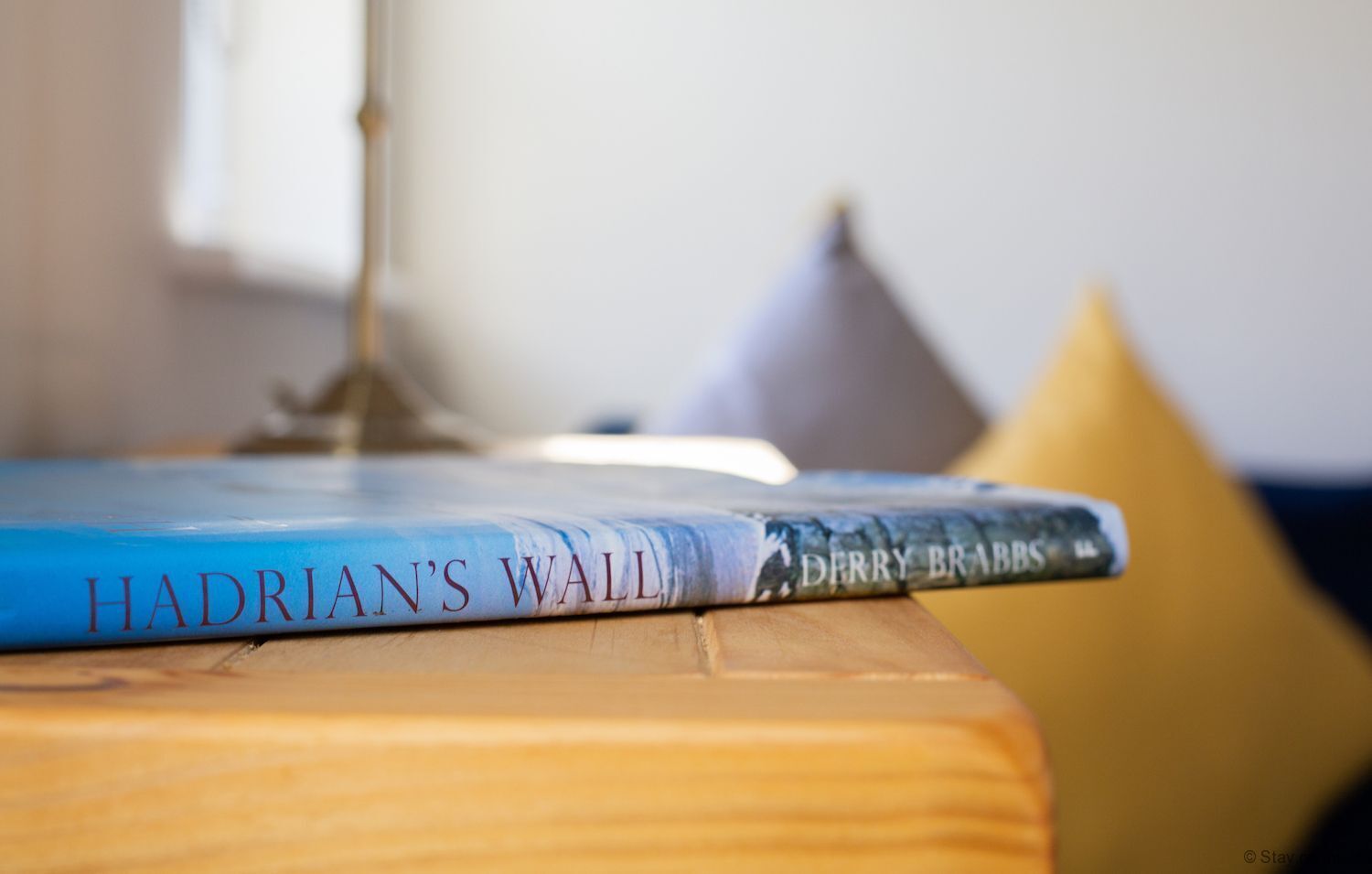 Two books titled 'Hadrian's Wall' and 'Derry Brabbs' on a wooden surface.