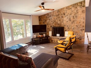Smart TV, fireplace, books