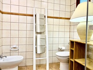 Douche, sĂšche-cheveux, bidet, serviettes fournies