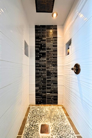 Shower, jetted tub, hair dryer, towels