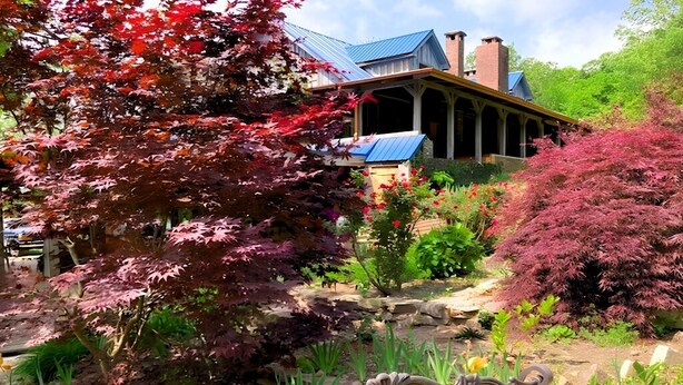 A house with a blue roof, a brick chimney, and a garden with various plants and a bench. - Romantic Suite 500 sq ft. of privacy (Mount Pleasant)
