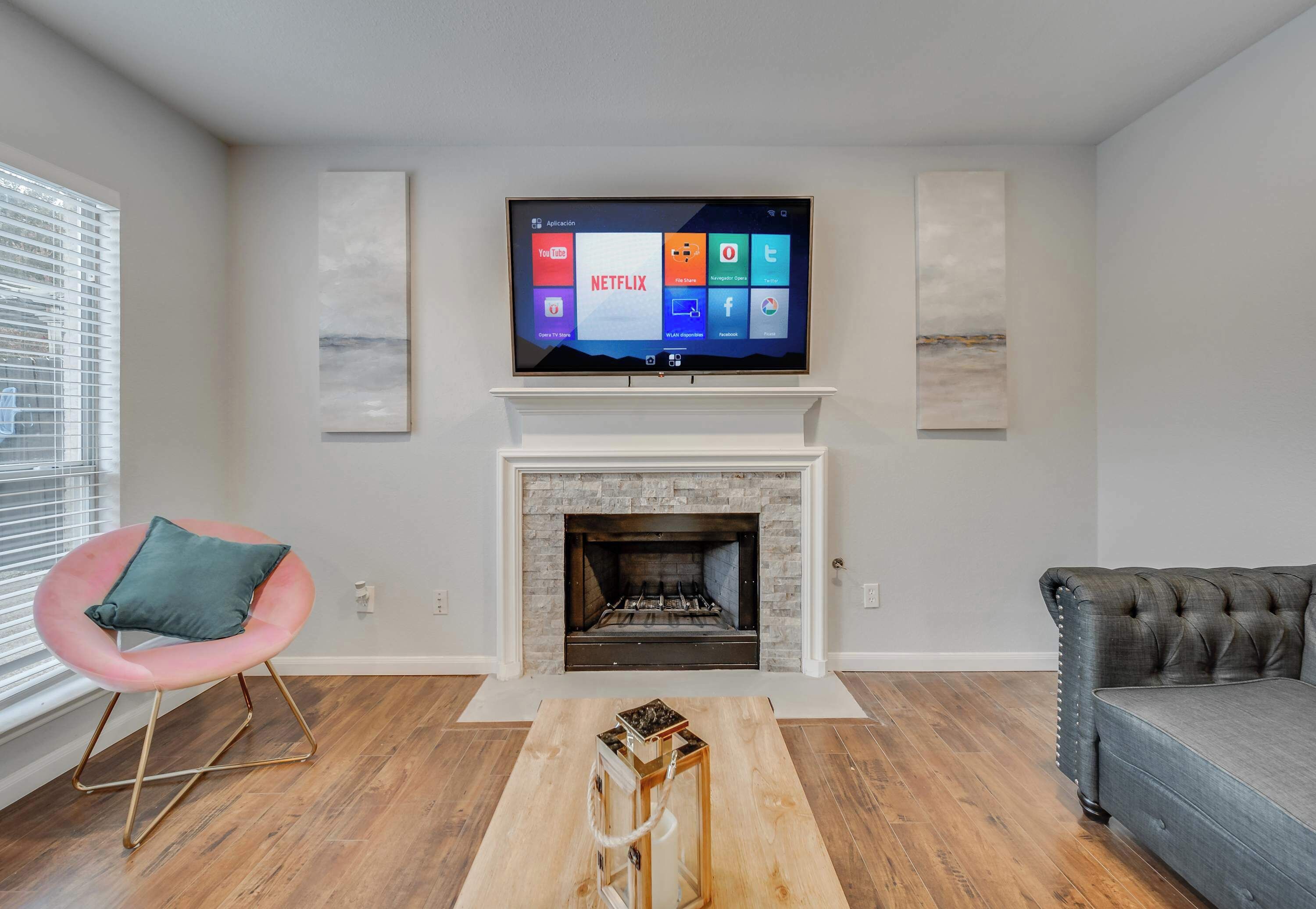 TV, fireplace, offices