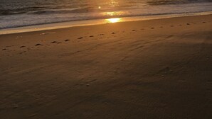 Une plage où le soleil se couche à l’horizon, créant une atmosphère paisible et sereine.