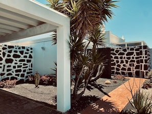 Ein moderner Außenbereich mit einer weißen Pergola, Steinmauern und verschiedenen Kakteen und Sukkulenten.
