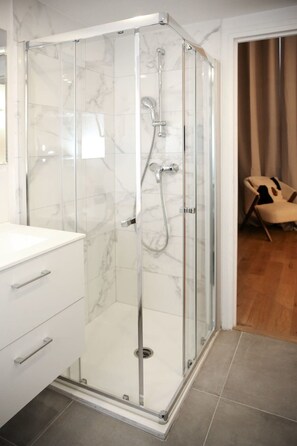 Shower, hair dryer, towels