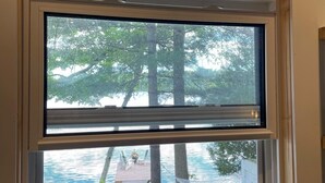 Una ventana con vistas a árboles y un lago.