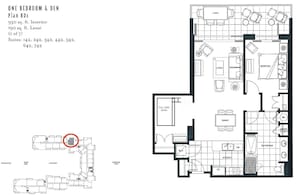 Plano de un apartamento de un dormitorio y sala de estar, con 89 metros cuadrados de espacio interior, 18 metros cuadrados de terraza, y diversas opciones de suites.
