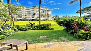 Un patio de hotel con césped, palmeras y un edificio con varios balcones.