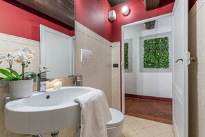 Een douche, een haardroger, een bidet, handdoeken