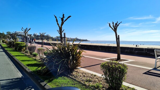 Eine Küstenpromenade mit gepflastertem Gehweg, Grünflächen und Blick auf Strand und Meer.