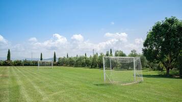 Un campo de fútbol con dos porterías y un cielo despejado.
