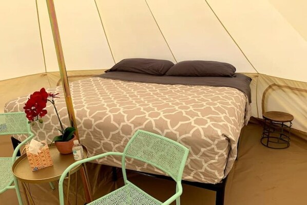 Une tente contenant un lit, deux chaises, une petite table et une plante en pot.