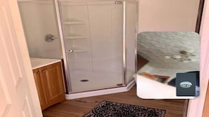 A corner shower with a glass door, a wooden cabinet, and a patterned rug.