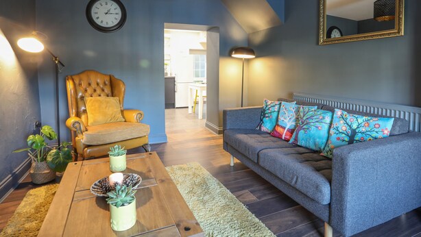 A living room with a blue wall, a brown leather armchair, a grey sofa with colorful pillows, a wooden coffee table with plants, and a large mirror. - 2 Ivy House (Corwen)