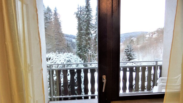A view from a balcony with a wooden railing, a door, and a window. - Apartment Bergblick in an idyllic location on the edge of the forest, 5 min. to the waterfall (Triberg im Schwarzwald)
