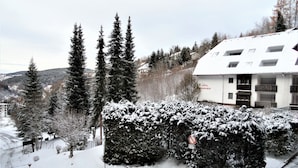 A hotel with a snow-covered landscape, tall evergreen trees, and a clear view of the surrounding hills. - Apartment Bergblick in an idyllic location on the edge of the forest, 5 min. to the waterfall (Triberg im Schwarzwald)