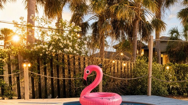 A swimming pool with a pink flamingo float, surrounded by wooden decking and palm trees. - 3 Bed 2 Ba, Wifi, Kitchen, Walk to Beach, FirePit (Daytona Beach)