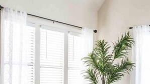 A living room with a green sofa, a wooden coffee table, and a large potted plant. - The Halcyon- a Cozy 2BR Tudor in Crestwood-Sleeps 6! (Oklahoma City)