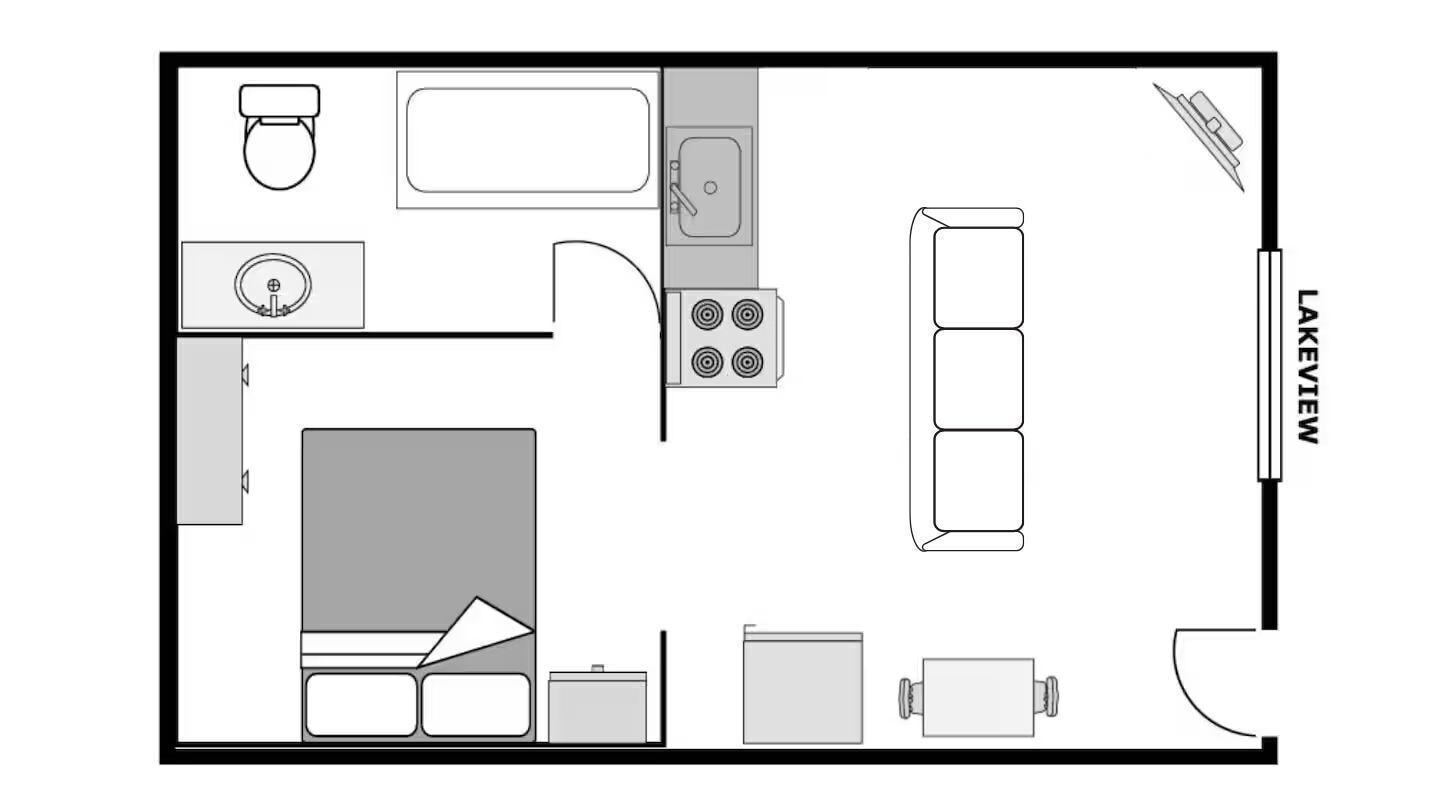 A kitchen layout with a sink, stove, refrigerator, and a view of Lakeview.