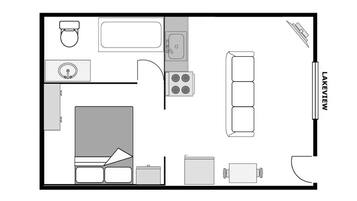 A kitchen layout with a sink, stove, refrigerator, and a view of Lakeview.