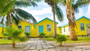 A row of bright yellow cottages with blue doors and windows, surrounded by palm trees and a stone pathway.