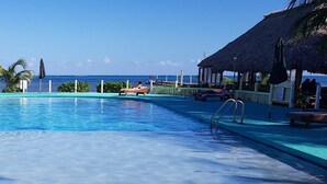 A swimming pool with clear blue water, surrounded by lounge chairs and palm trees, with a view of the ocean.