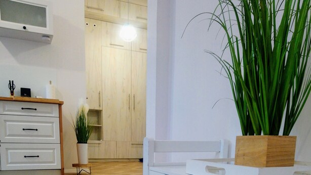 A modern kitchen with a wooden herringbone floor, white cabinetry, and a potted plant on a small table. - Apartament Mickiewicz - Center Wi-Fi, TV, Netflix, Parking (Slupsk)