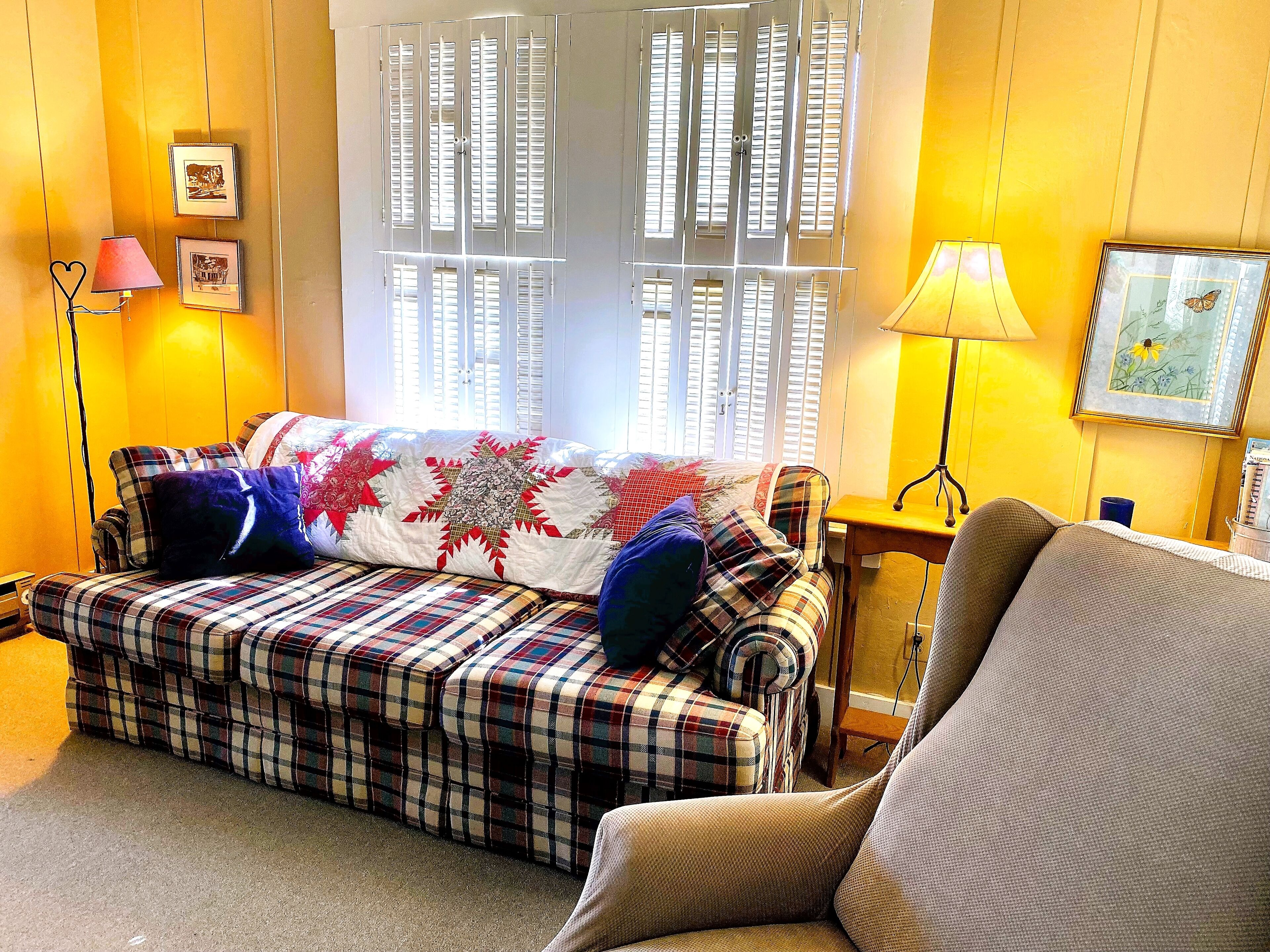 Een gezellige woonkamer met een geruite bank, een bijpassende fauteuil en een gewatteerde plaid.