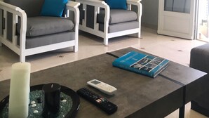 Un salon avec deux canapés gris ornés de coussins bleus, un téléviseur à écran plat fixé au mur, une table basse avec une télécommande, une bougie et un livre.