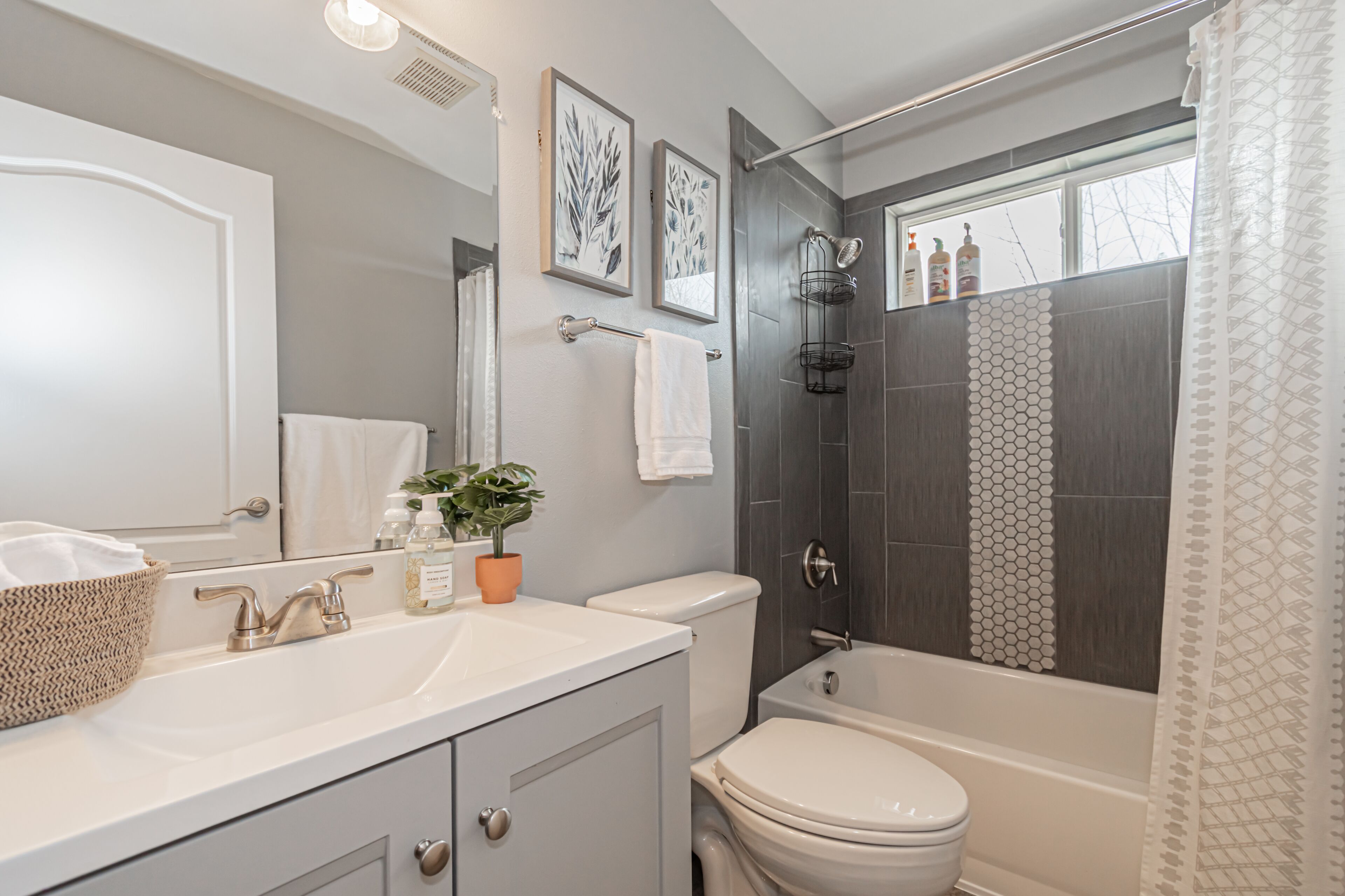 Combined shower/tub, hair dryer, towels, soap