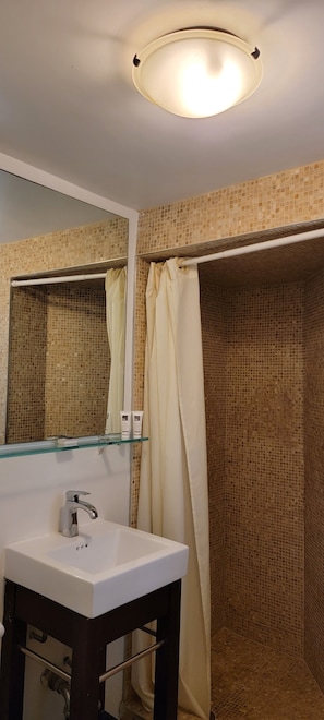 Combined shower/bathtub, hair dryer, towels