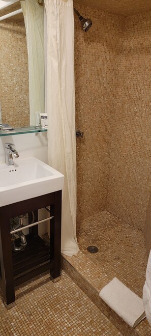 Ensemble douche/baignoire, sèche-cheveux, serviettes fournies