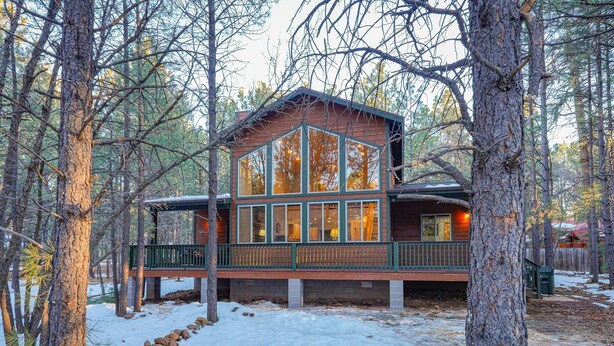 Een chalet met een groot raam, houten terras en omringd door bomen.