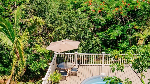 An aerial view of a backyard with a swimming pool, surrounded by lush greenery and a wooden deck with outdoor furniture. - Alpha @Serendip Vacation Condos (Cruz Bay)