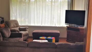 A living room with a sofa, ottoman, and television.