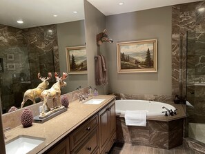 Combined shower/tub, jetted tub, hair dryer, towels
