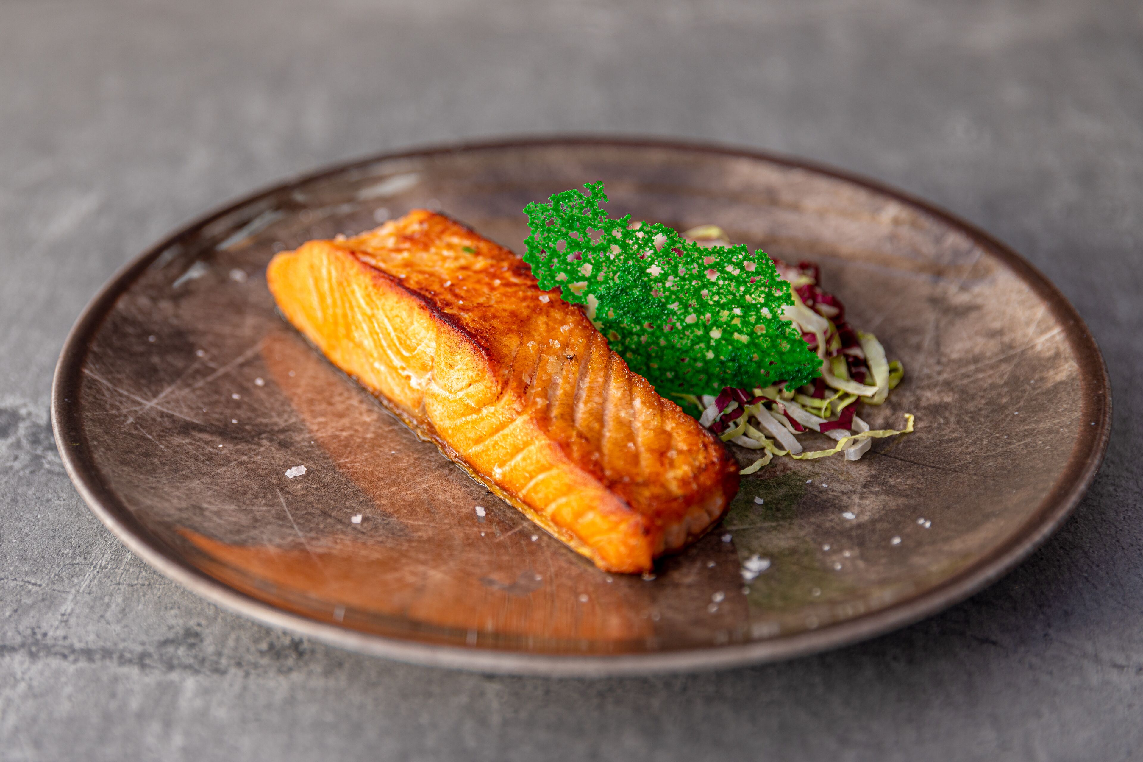 Une assiette contenant un morceau de saumon et une garniture de légumes verts.