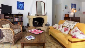 Un salon avec une cheminée, un canapé, un fauteuil en osier, une bibliothèque et un téléviseur.