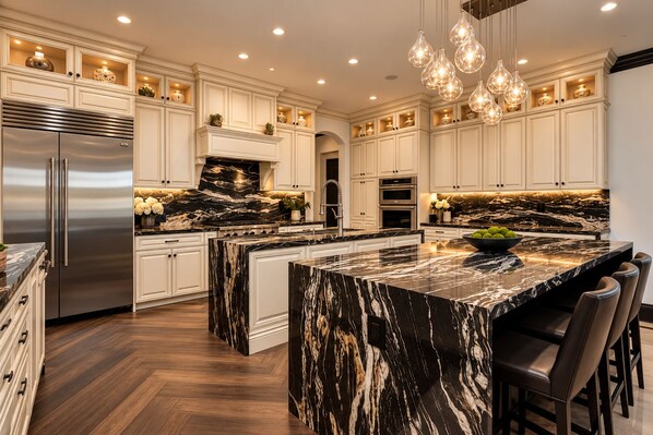A modern kitchen with marble countertops, stainless steel appliances, and pendant lighting.