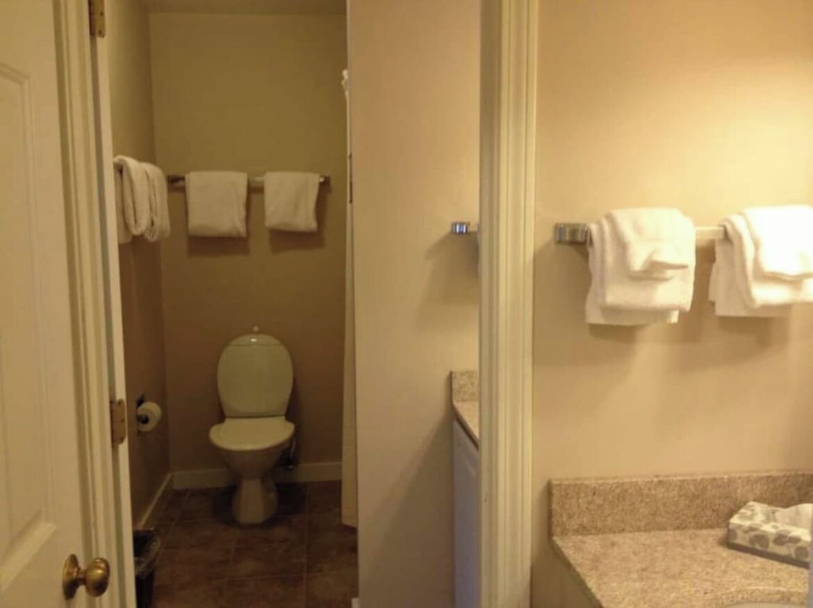A bathroom with a toilet, a sink, and towels hanging on the wall.