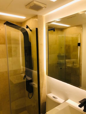 Shower, hair dryer, bidet, towels