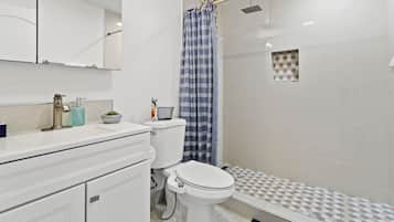 Regadera, secadora de cabello, bidet, toallas